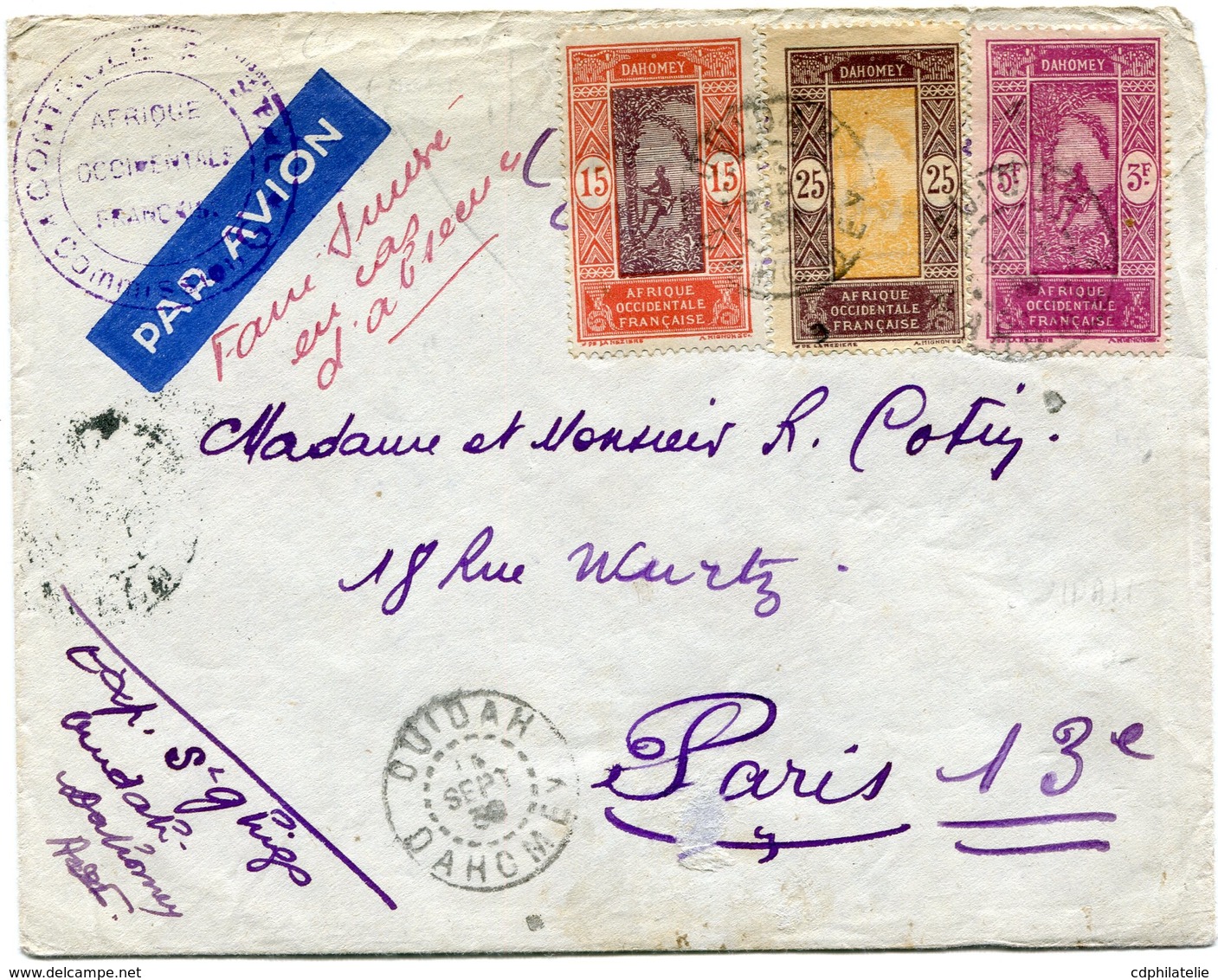 DAHOMEY LETTRE PAR AVION CENSUREE DEPART OUIDAH ? SEPT 39 DAHOMEY POUR LA FRANCE - Storia Postale