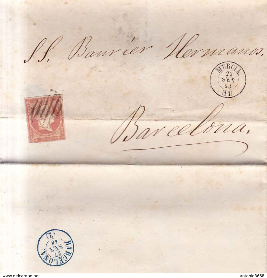 Año 1856 Edifil 48 Sello 4c Isabel II Carta Matasellos Rejilla Murcia Membrete Viuda De Mateo Seiquer - Used Stamps