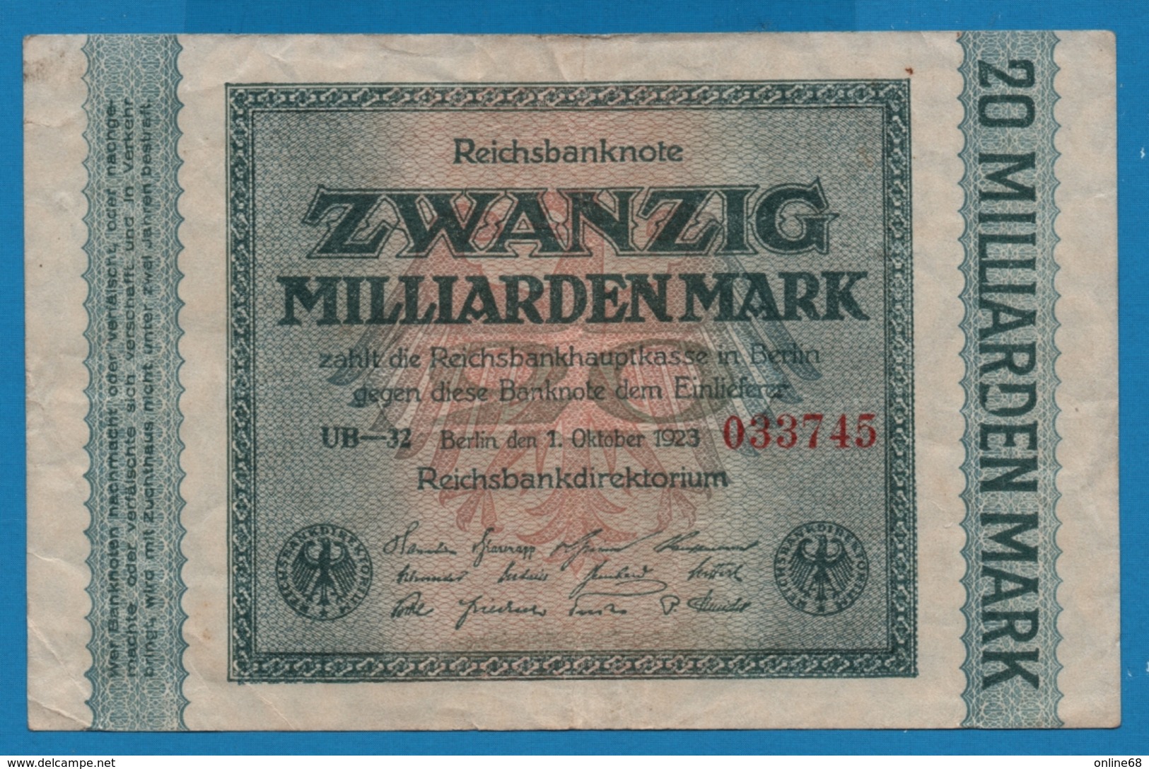 DEUTSCHES REICH 20 Milliarden Mark  	01.10.1923	# UB-32 033745 P# 118c - 20 Milliarden Mark