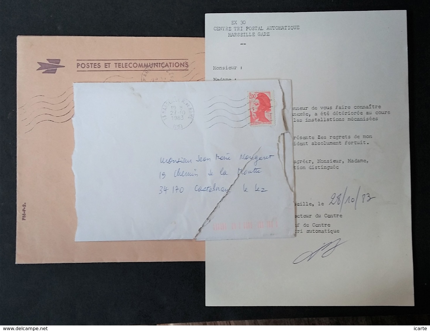 Enveloppe De Marseille à Castelnau-le-Lez 1983 Détériorée + Lettre D'excuses Centre De Tri Postal Automatique Marseille - Cartas Accidentadas