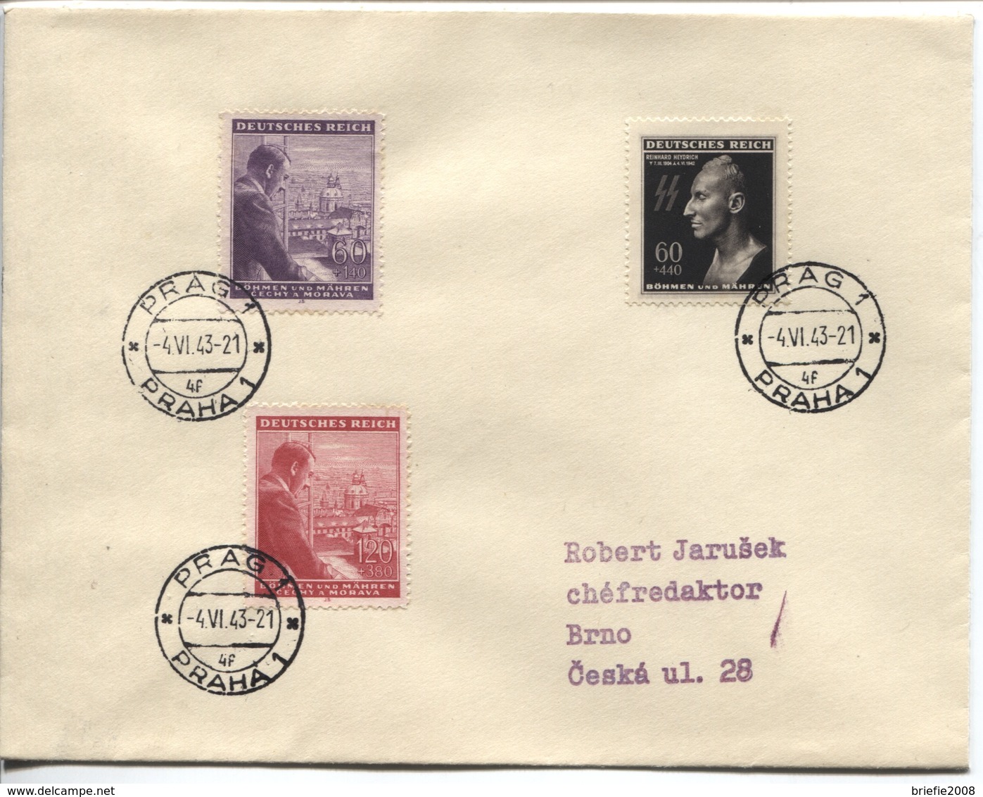 Böhmen Und Mähren # 131, 126-7 Heydrich 4.6.43 Fernbrief Prag Mit Abart Fernbrief Prag 4.6.43 > Brünn Zum Jahrestag Des - Cartas & Documentos