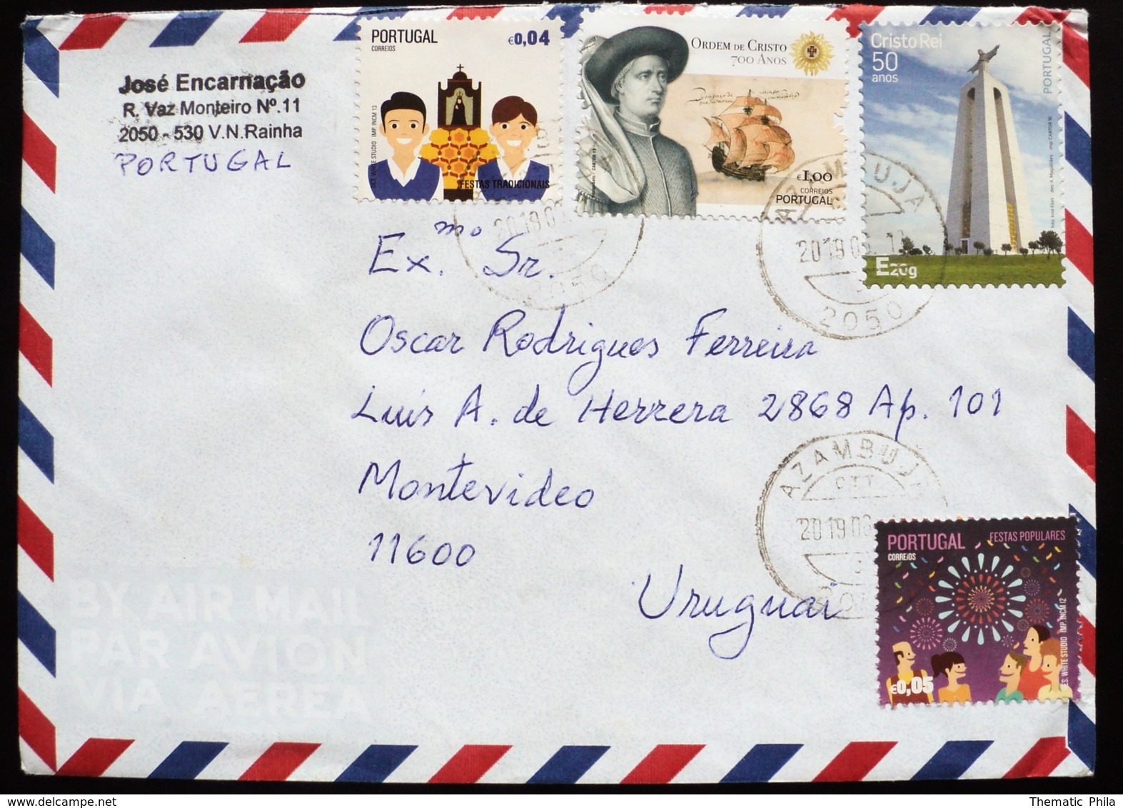 2019 Portugal Circulated Cover Envelope To Montevideo Ordem De Cristo - Cristo Rei Religion Christ - Lettres & Documents