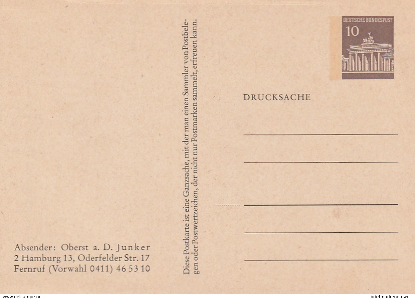 Bundesrepublik Deutschland / 1966 / Privat-Drucksachenpostkarte "Oberst A.D. Junker, Hamburg" (AP17) - Privatpostkarten - Ungebraucht