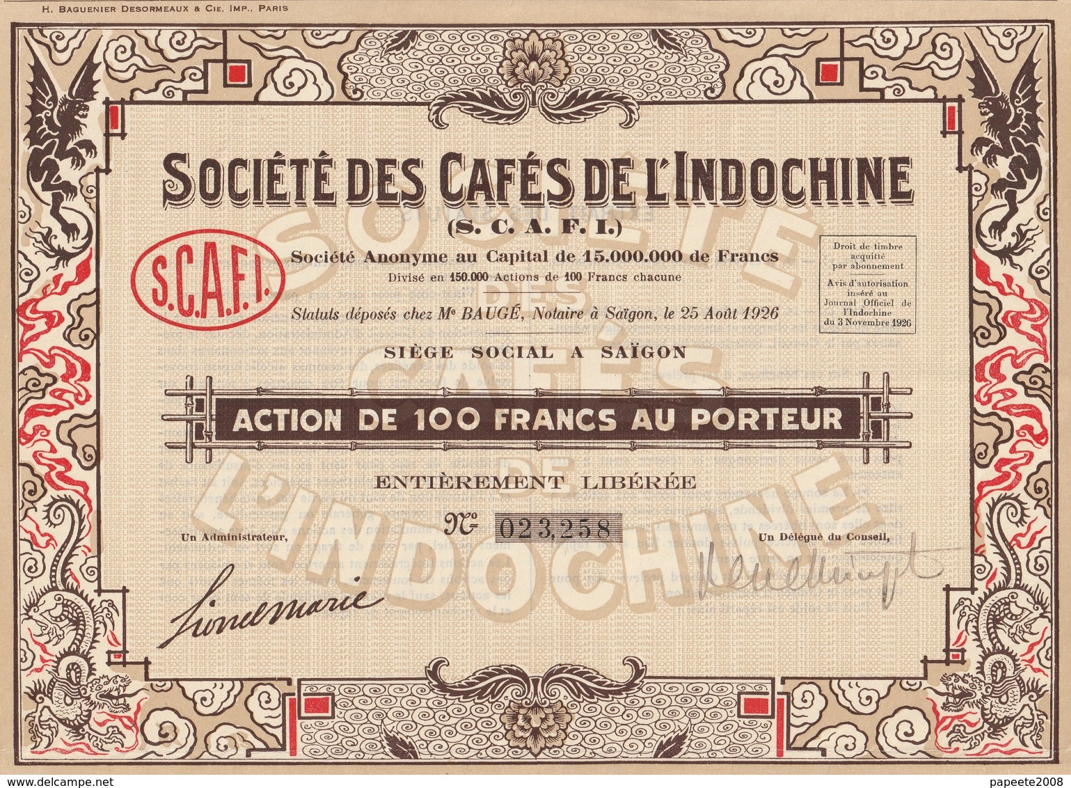 Indochine - Sté Des Cafés D'Indochine - Capital De 15 000 000 F / Action De 100 F - Asien