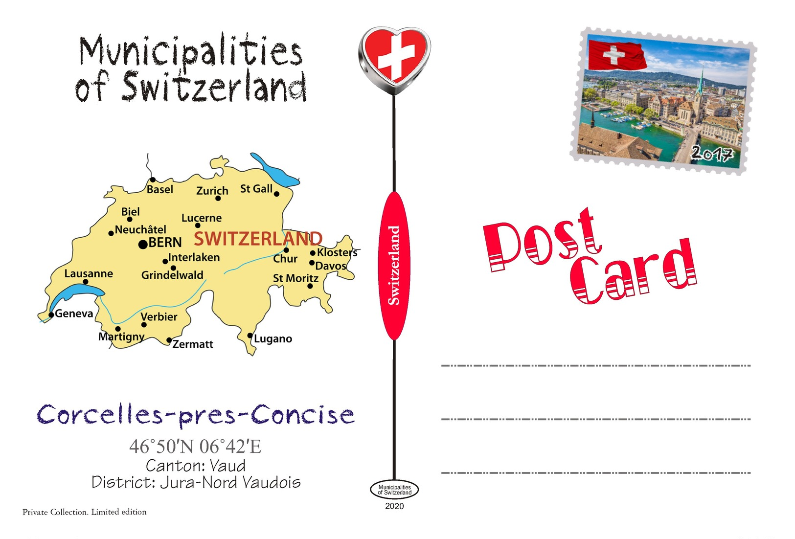 Postcard, REPRODUCTION, Municipalities Of Switzerland, Corcelles-près-Concise 1 - Maps