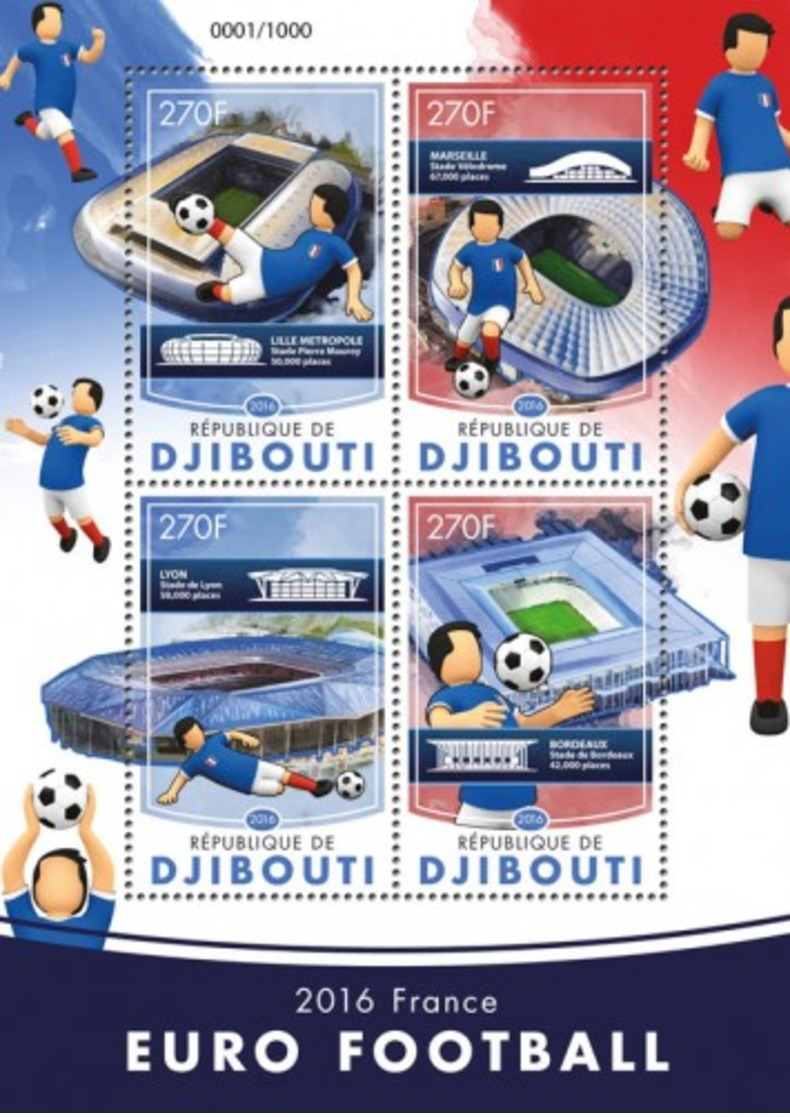 DJIBUTI - 2016 - Euro 2016 - Perf 4v Sheet  - Mint Never Hinged - Dschibuti (1977-...)