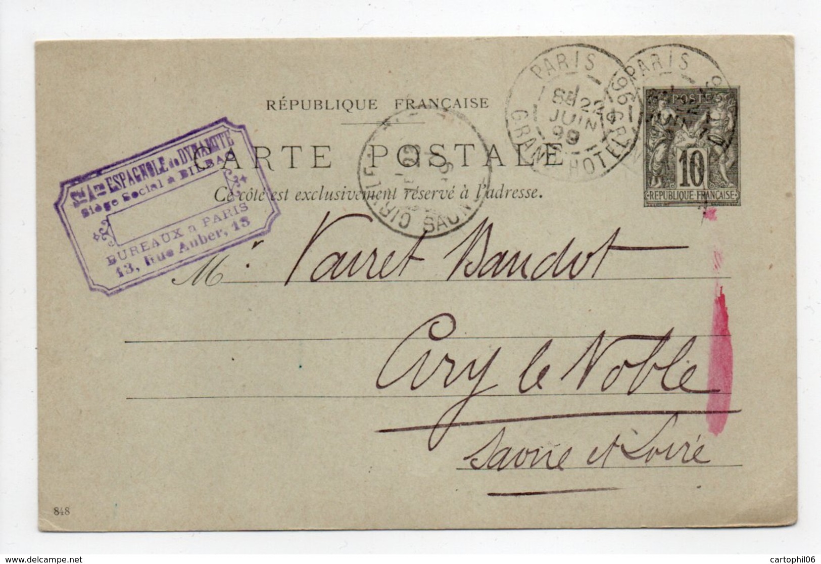 - Carte Postale SOCIÉTÉ ESPAGNOLE DE DYNAMITE, PARIS Pour CIRY-LE-NOBLE 22 JUIN 1899 - 10 C. Noir Type Sage - - Standaardpostkaarten En TSC (Voor 1995)