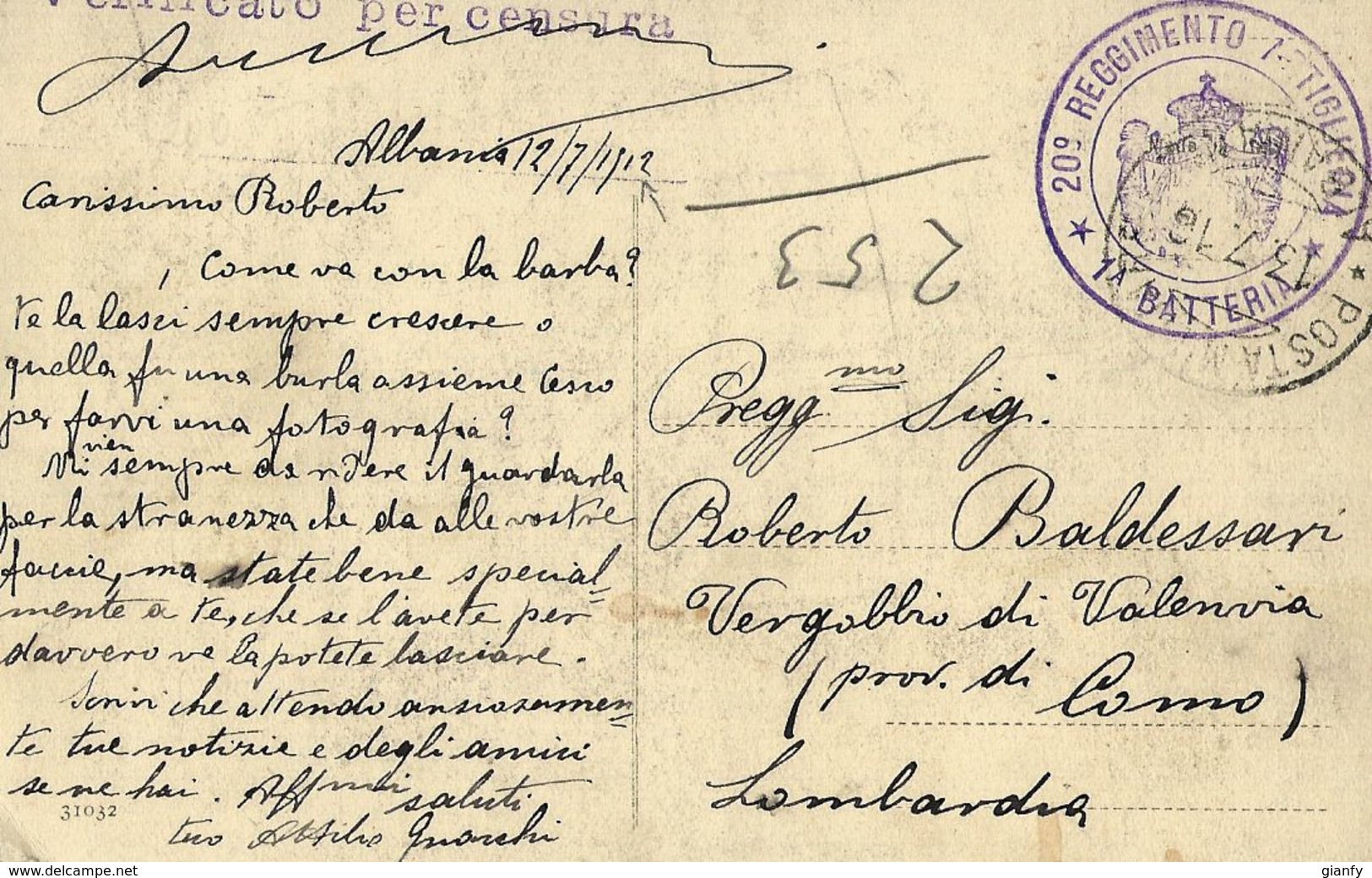 CARTOLINA  ILLUSTRATA POSTA MILITARE N. 2 ALBANIA 1916 BESTROVA X VERGOBBIO - Militärpost (MP)