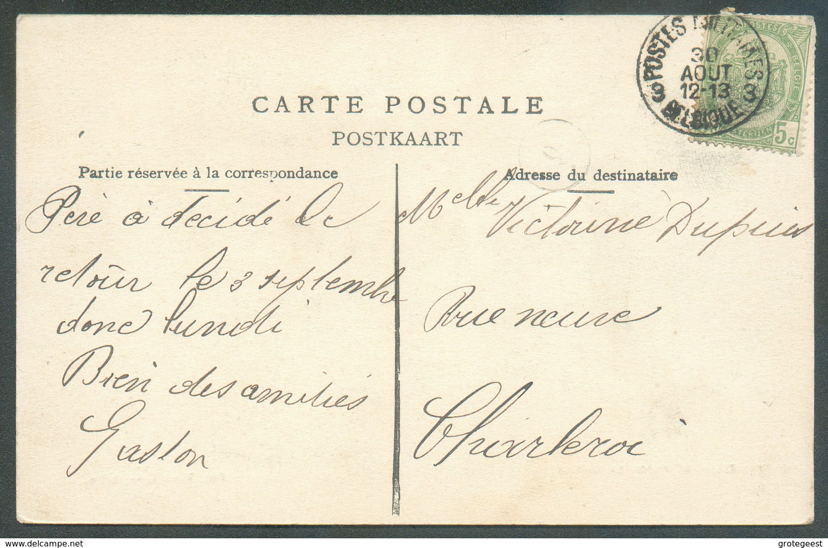 N°56 5 Centimes Obl; Sc POSTES MILITAIRES BELGIQUE 3 Sur C.P. (HOUFFALIZE La Place Du Christ) Du 30 Août Vers Charleroi - Briefe U. Dokumente