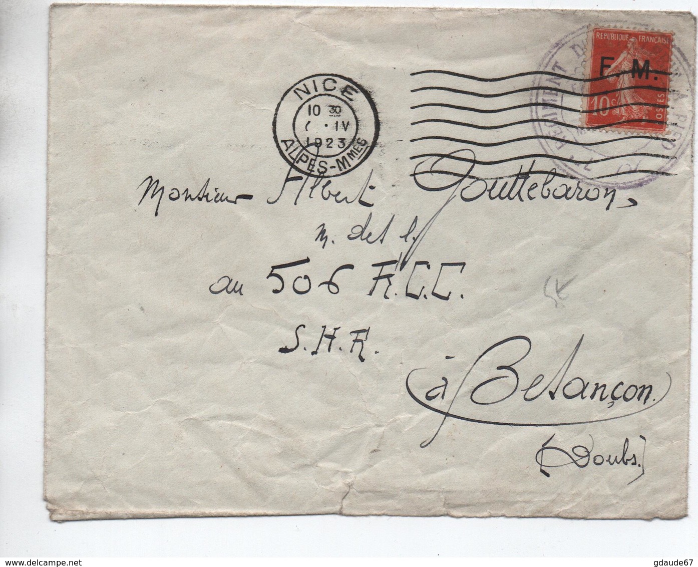 1923 - ENVELOPPE FM De NICE (ALPES MARITIMES) - Sellos Militares Desde 1900 (fuera De La Guerra)