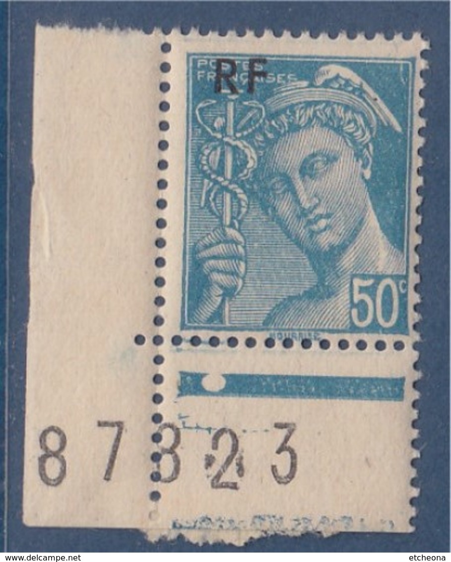 = Mercure Timbre Surchargé RF 50c Turquoise N°660 Neuf Coin De Feuille Numéroté - 1938-42 Mercurius