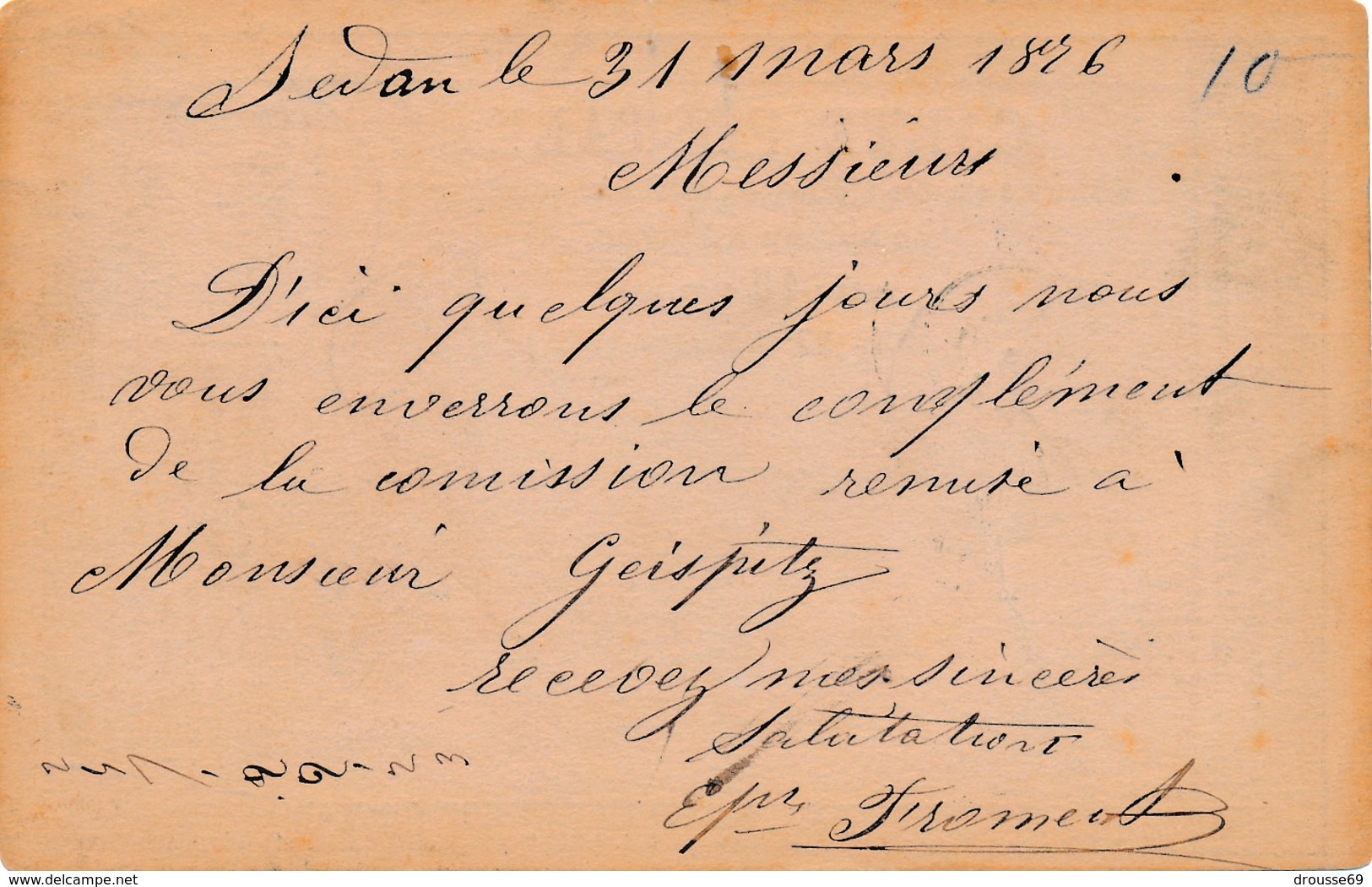 CP Postée Le 31 Mars 1876 à Sedan Et Arrivée Le 1er Avril à Rouen B/TB. - 1871-1875 Ceres