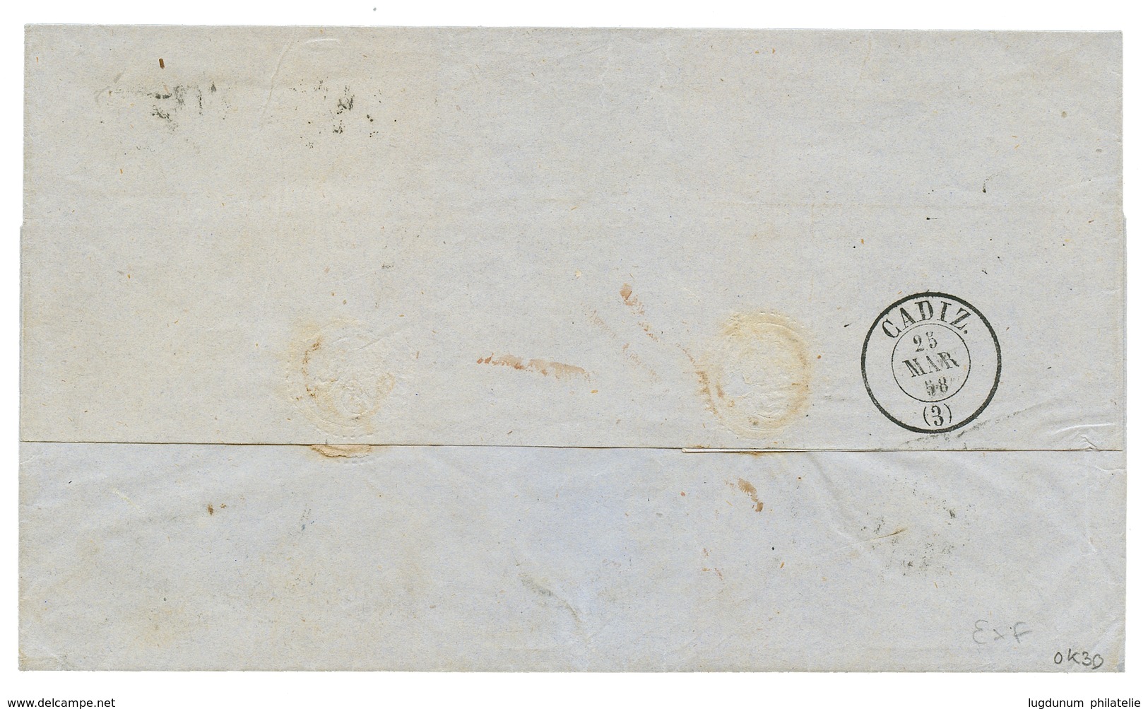 GIBRALTAR : 1858 SPAIN 4c(x5) + Large Blue Cachet GIBRALTAR On Cover To CADIZ. RARE. Vvf. - Gibraltar