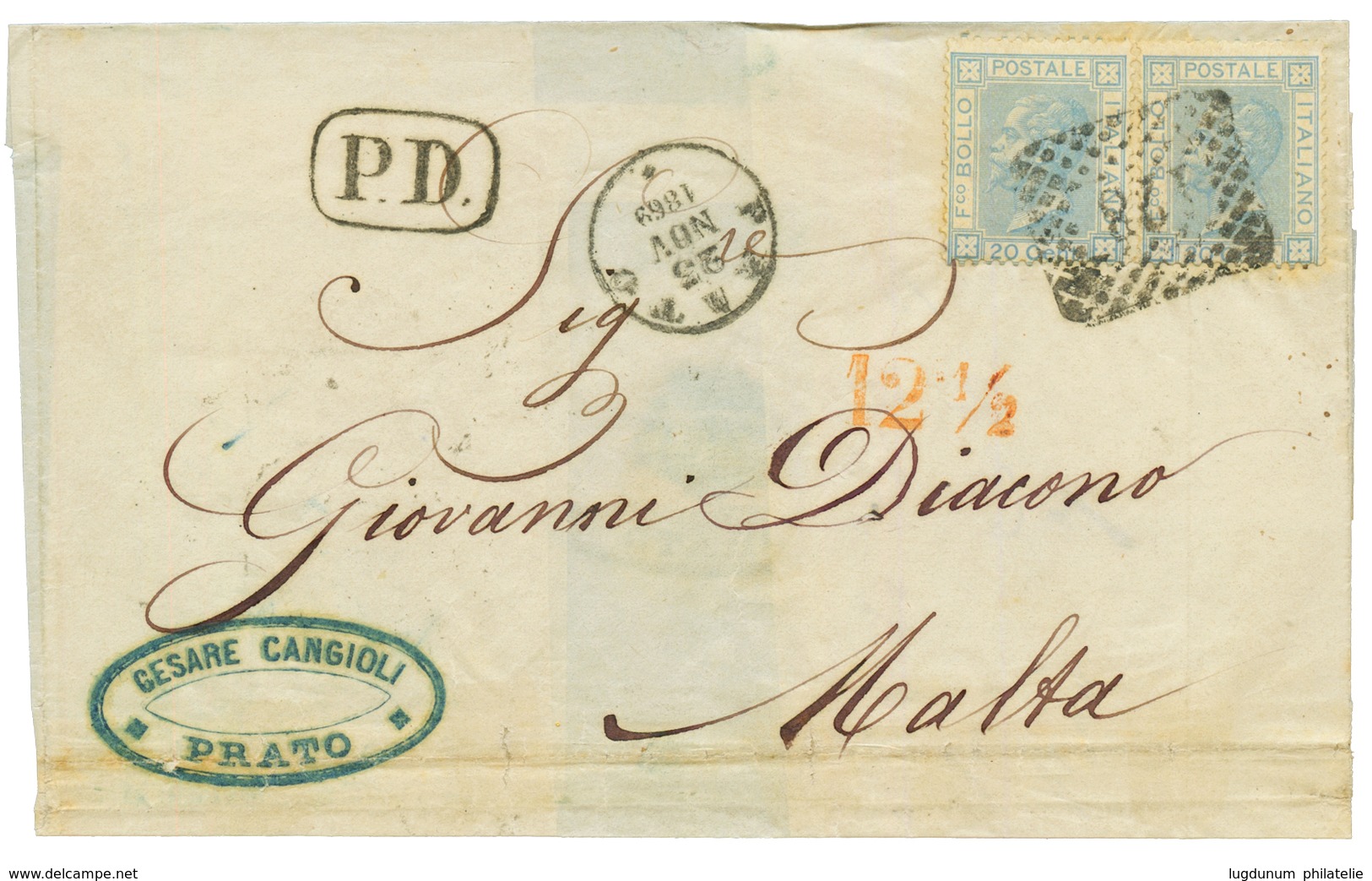 1869 ITALY 20c (x2) Canc. 128 + PRATO + "12 1/2" Tax Marking On Entire To MALTA. Vf. - Unclassified