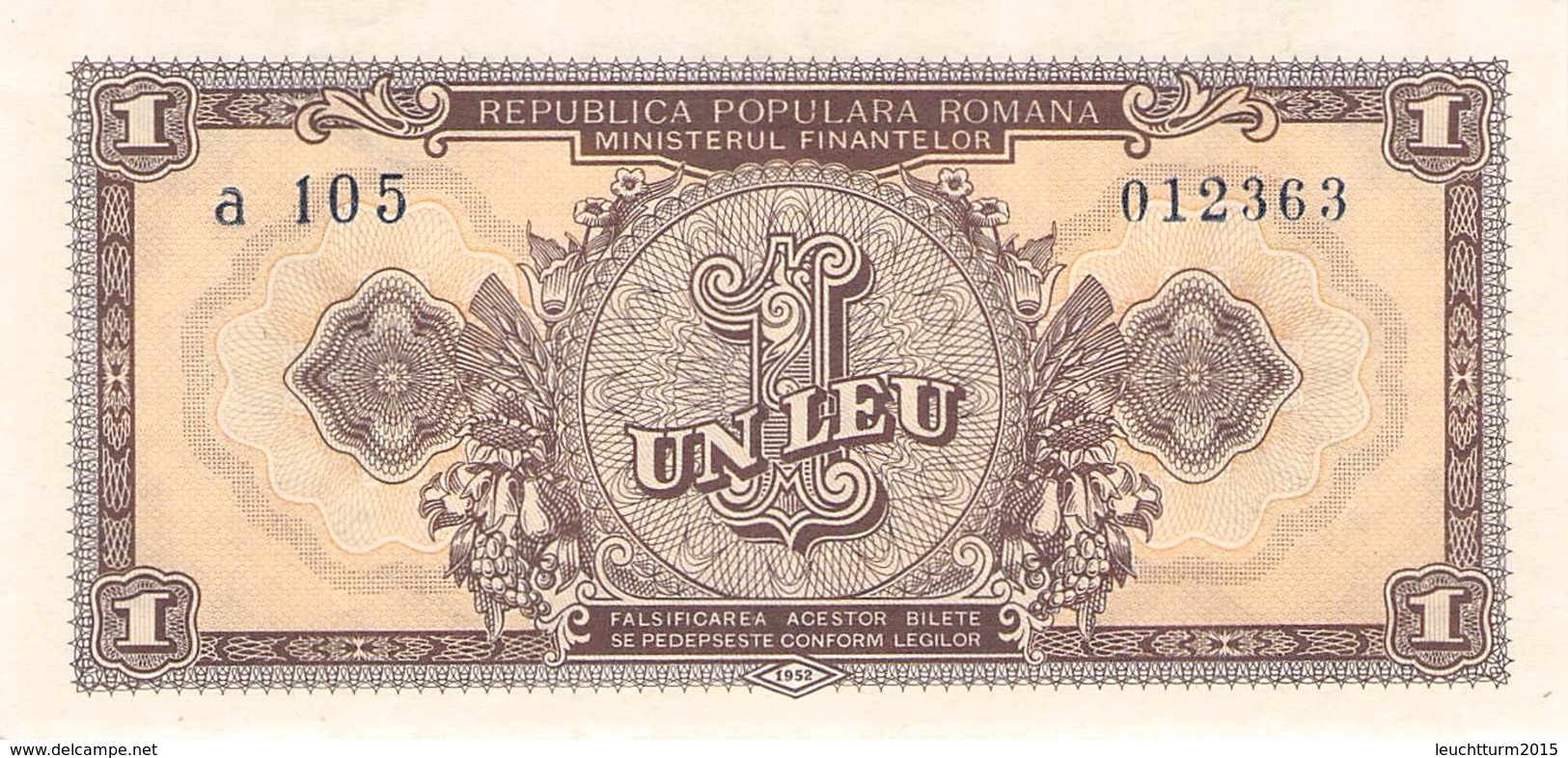 ROMANIA - 1 LEU 1952 Unc P-81b /BN77 - Romania