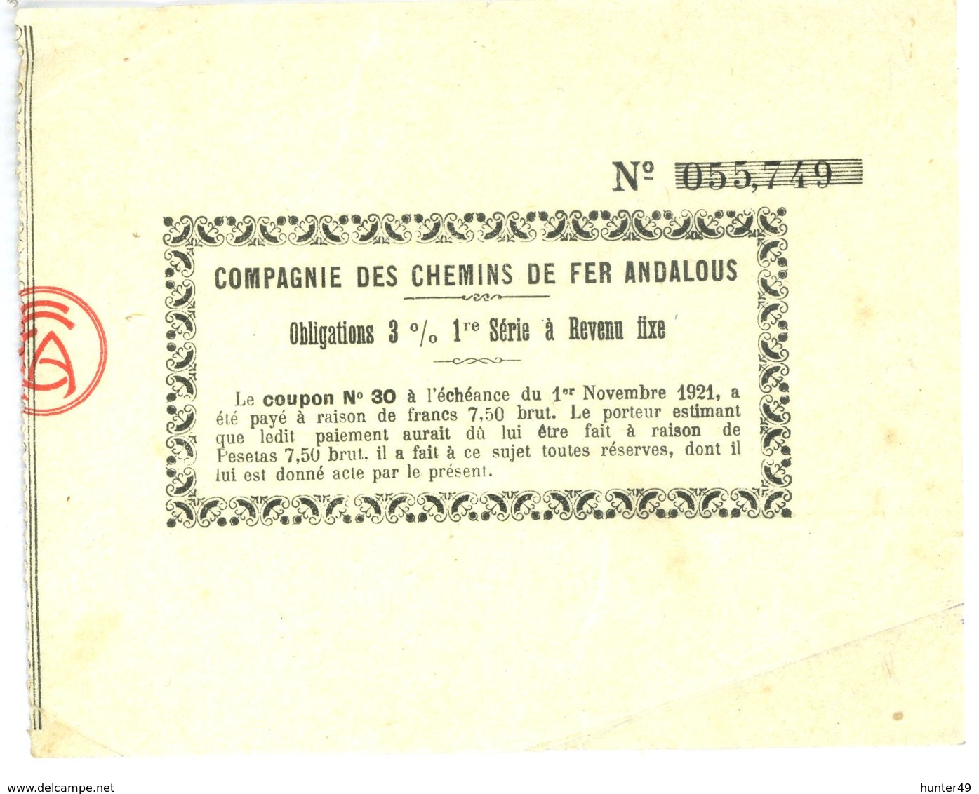 Compagnie Des Chemins De Fer Andalous Obligation 3% 9 X 11 Cm - Chemin De Fer & Tramway