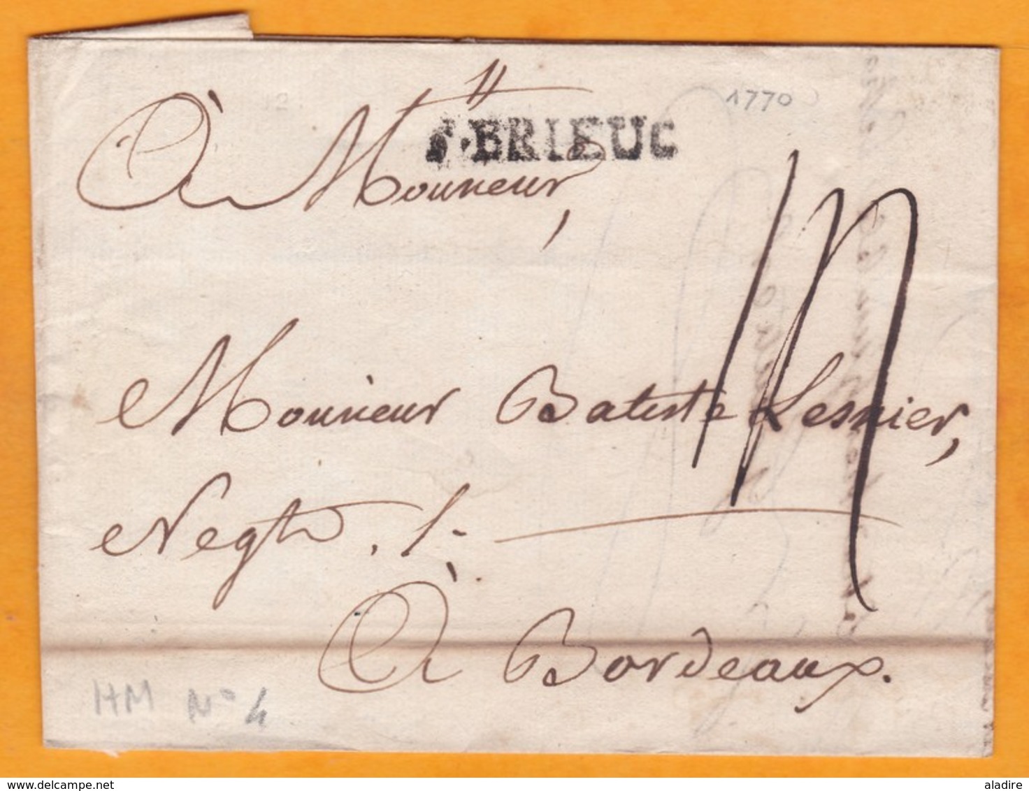 1770 - Marque Postale St BRIEUC, Auj. Côtes D' Armor Sur LAC Vers Bordeaux, Gironde - Taxe 14 - 1701-1800: Precursors XVIII