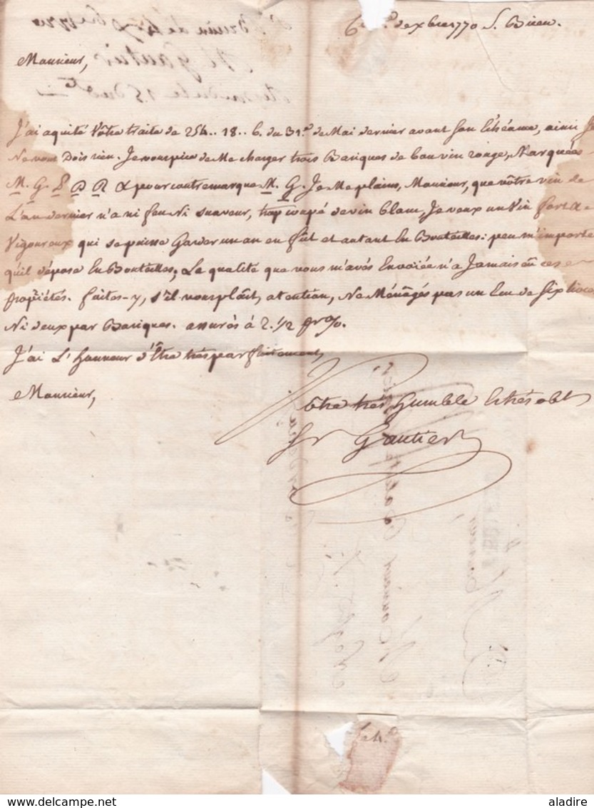 1770 - Marque postale St BRIEUC, auj. Côtes d' Armor sur LAC vers Bordeaux, Gironde - taxe 14