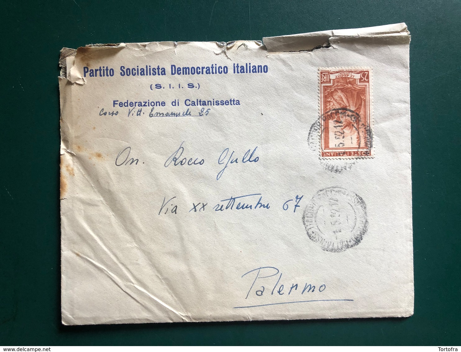 CALTANISSETTA BUSTA CON LETTERA INTESTATA PARTITO SOCIALISTA DEMOCRATICO ITALIANO FEDERAZIONE DI CALTANISSETTA  1952 - Gela