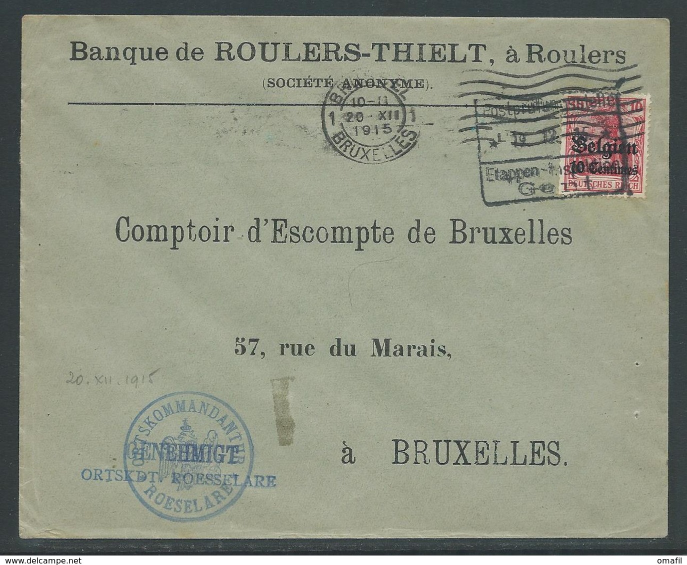 Brief Verstuurd Van Roeselare Naar Brussel 20.12.1915 - Armée Allemande