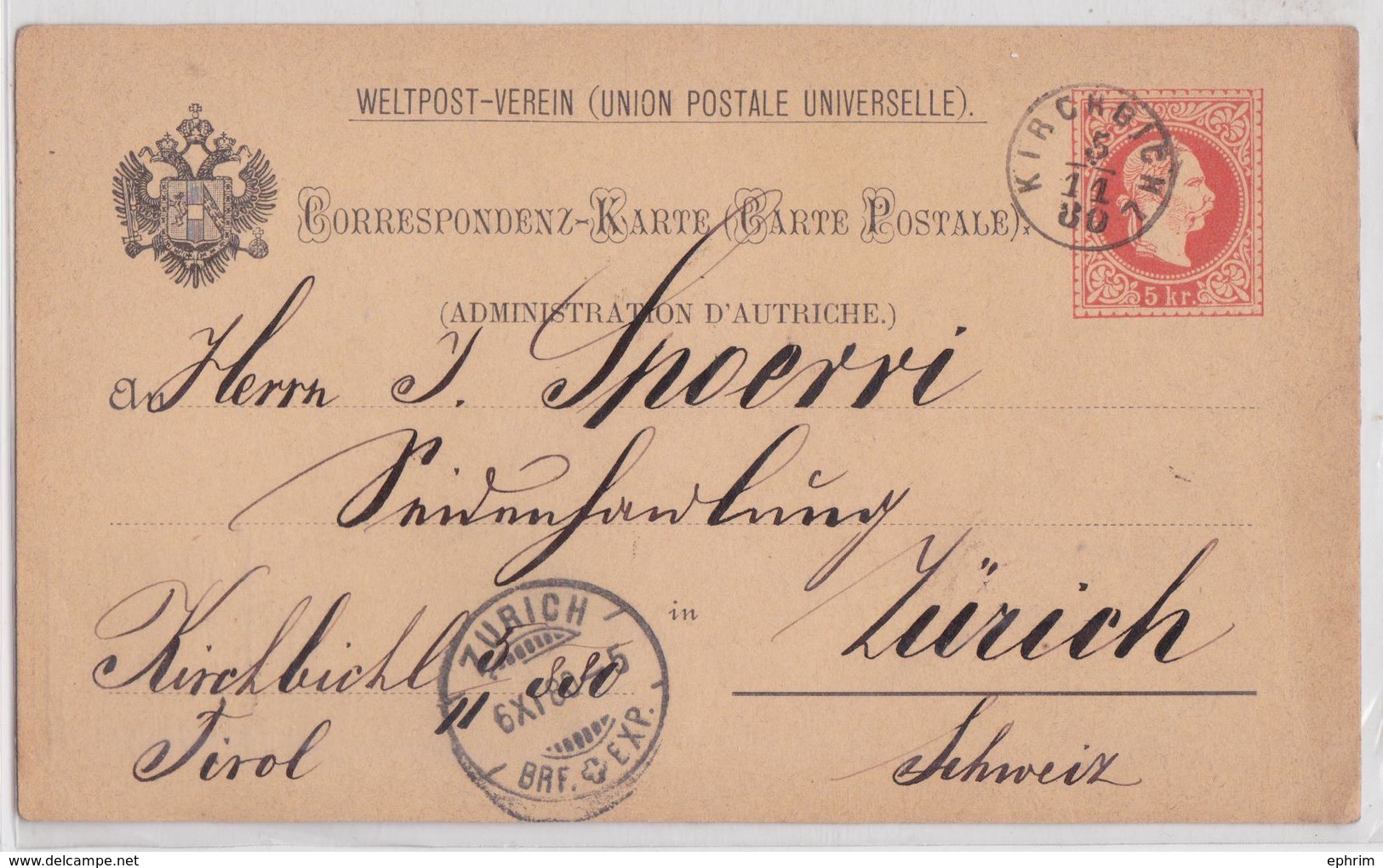 KIRCHBICHL TIROL CORRESPONDENZ-KARTE 1880 ZÜRICH - Briefe U. Dokumente
