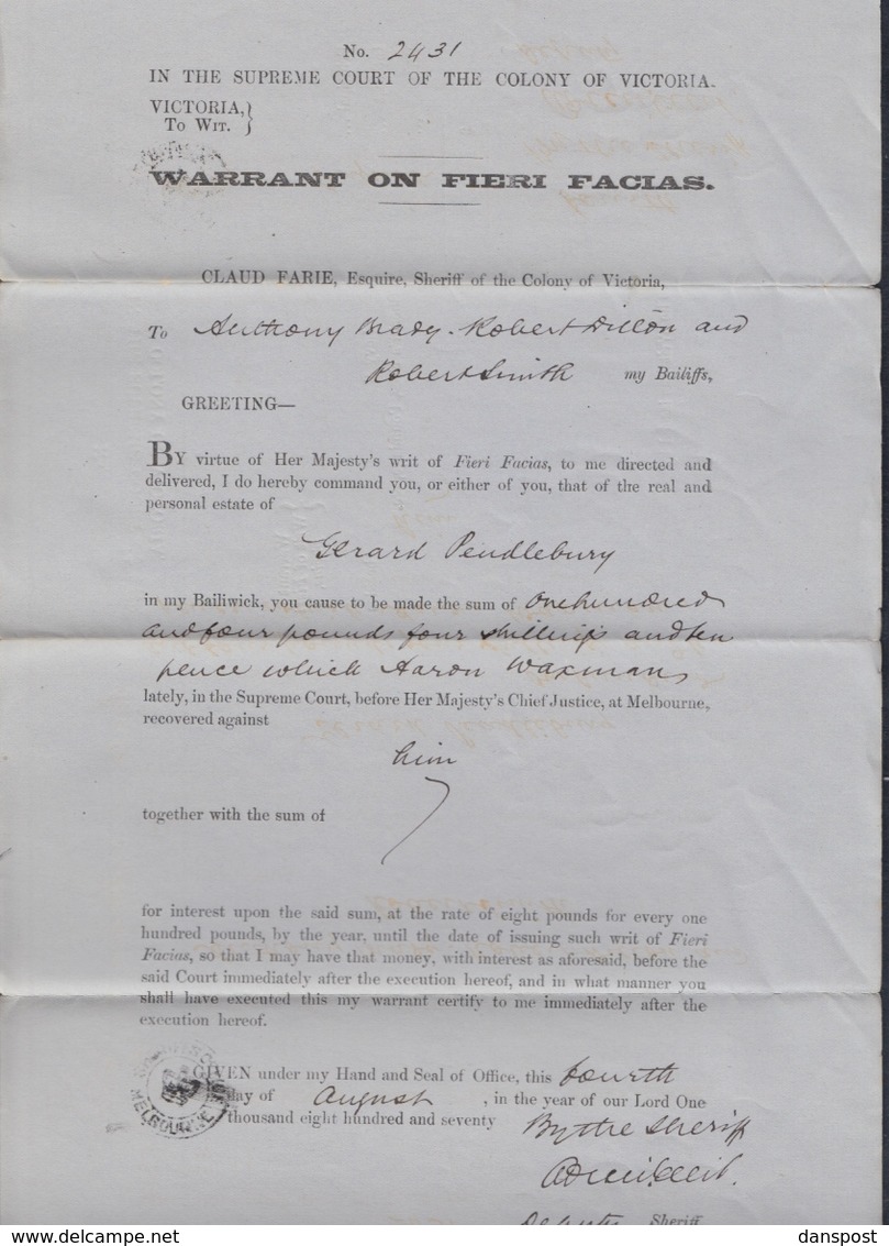 Australien Australia Warrant Victoria 1870 - Storia Postale