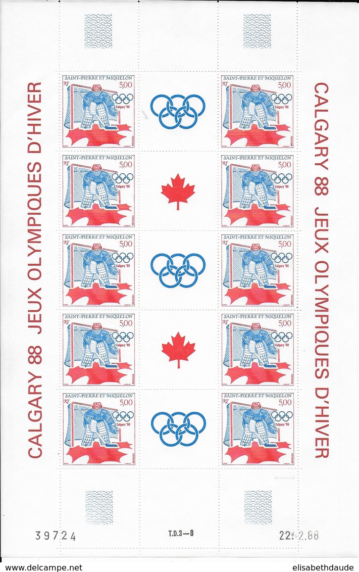 SPM - 1988 - SPORTS / JEUX OLYMPIQUES / HOCKEY - FEUILLE COMPLETE TRIPTYQUE YVERT N°487A **  MNH - - Blocs-feuillets