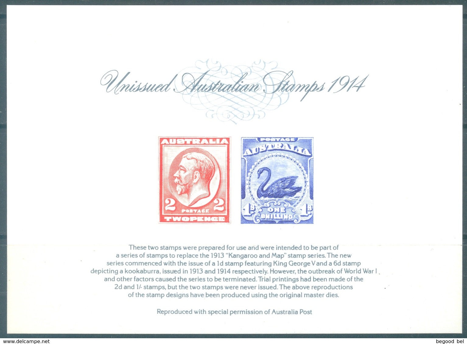 AUSTRALIA - MNH/** - AUSIPEX 84 - REPLICA CARD # 1 UNISSUED AUSTRALIAN STAMPS 1914 - 13838 - Lot 21494 - Prove & Ristampe