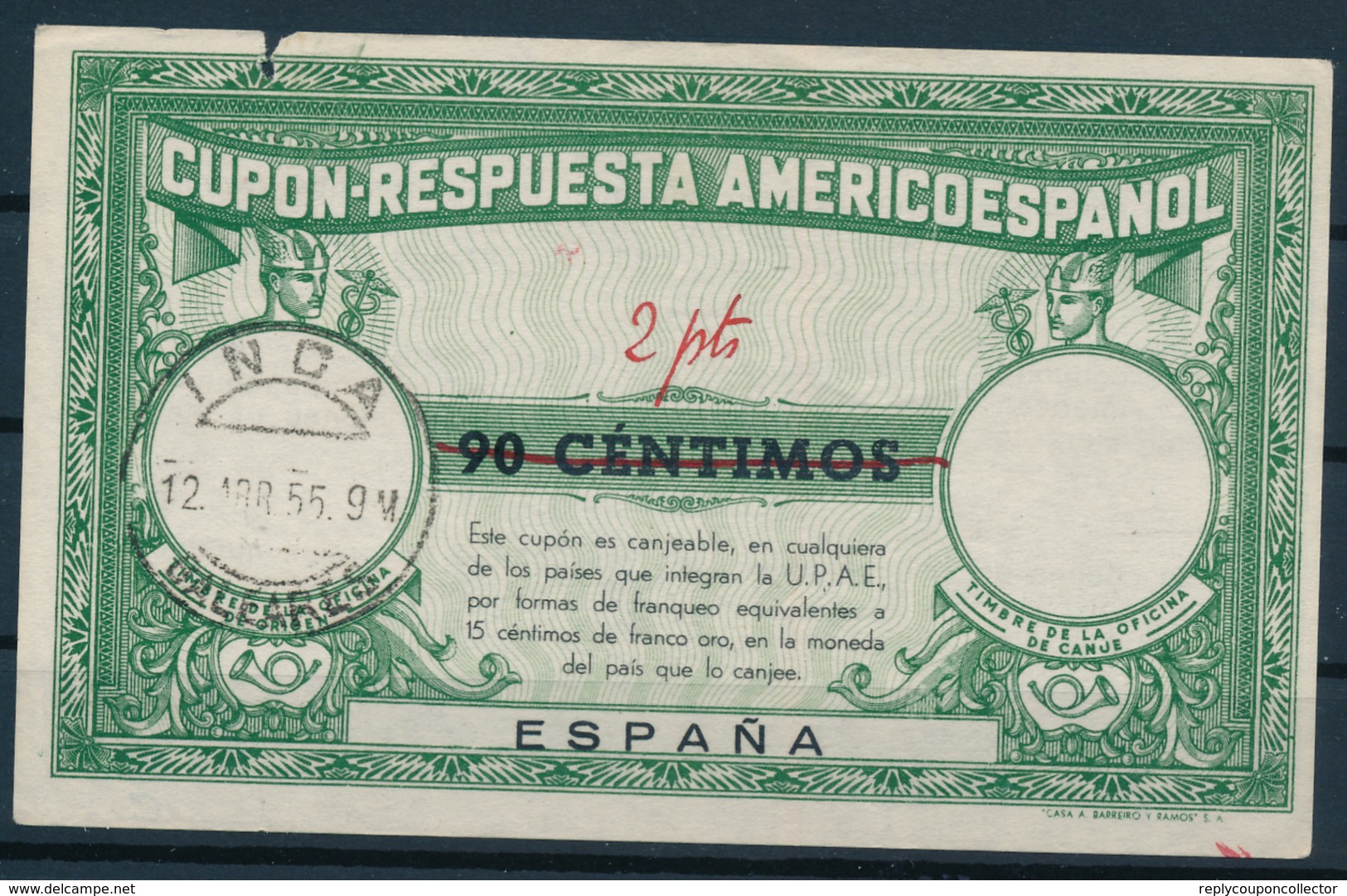 ESPANA  -   1955   ,  Type II  -  90 CENTIMOS / 2 Pts  -   COUPON-RESPUSTA AMERICOESPANOL Reply Coupon Reponse  -  0261 - Autres & Non Classés