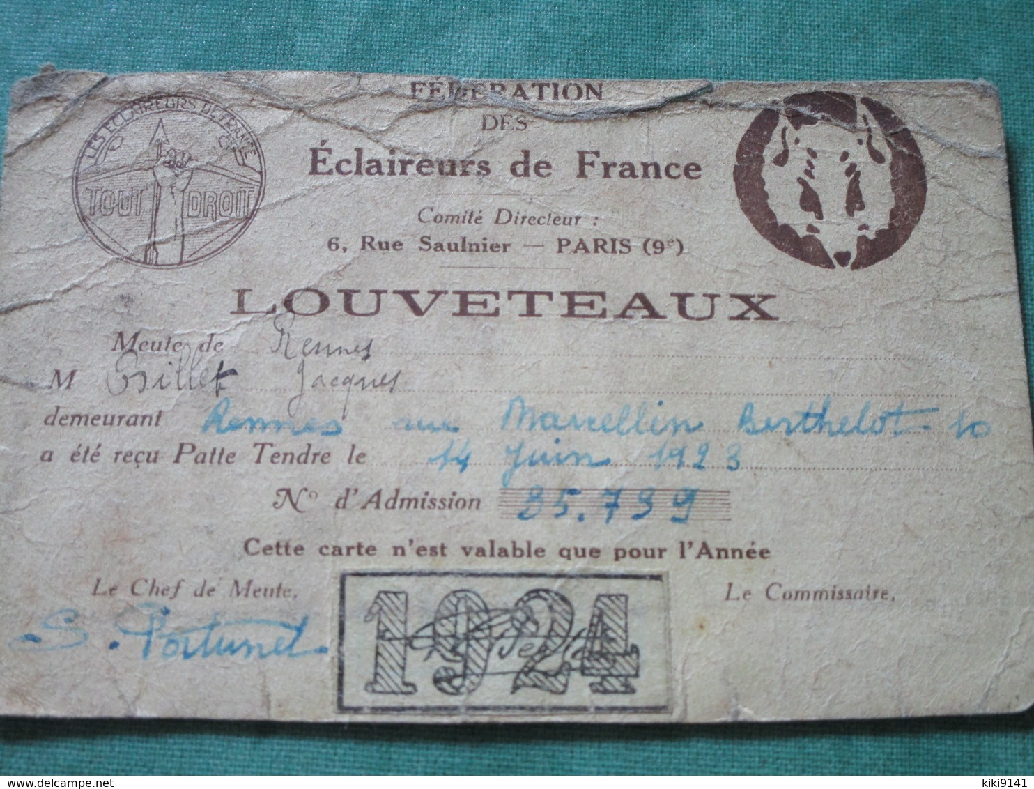 Carte D'adhésion à La FEDERATION Des ECLAIREURS De FRANCE - LOUVETEAUX - Scoutisme