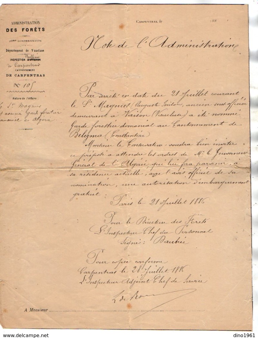 VP17.065 - PARIS  X CARPENTRAS 1886 - Note - Le Sous Officier MAGNUS à VAISON Est Nommé Garde Forestier à Constantine - Documents