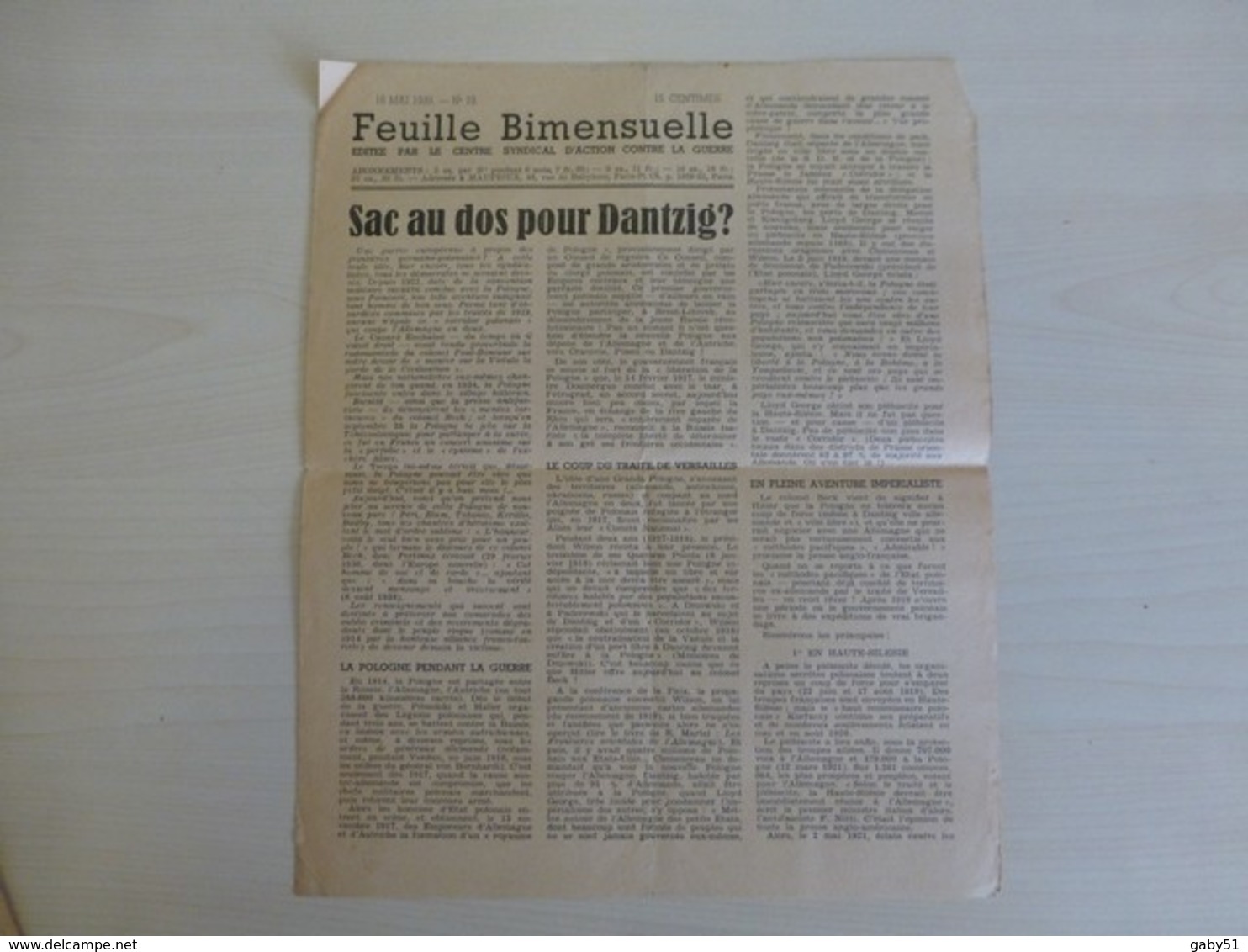 Feuille D'action Contre La Guerren°19, Sac Au Dos Pour Dantzig, 16 Mai 1939 (jour De Votre Naissance) ; PAP 10 - Autres & Non Classés