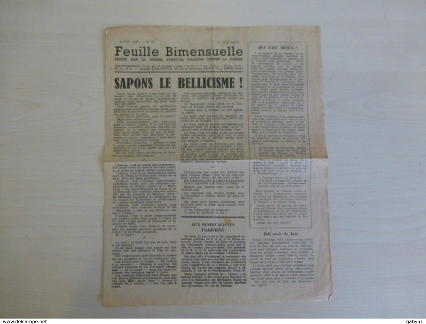 Feuille D'action Contre La Guerre N°20, Sapons Le Bellicisme !, 8 Juin 1939 (jour De Votre Naissance) ; PAP 10 - Autres & Non Classés