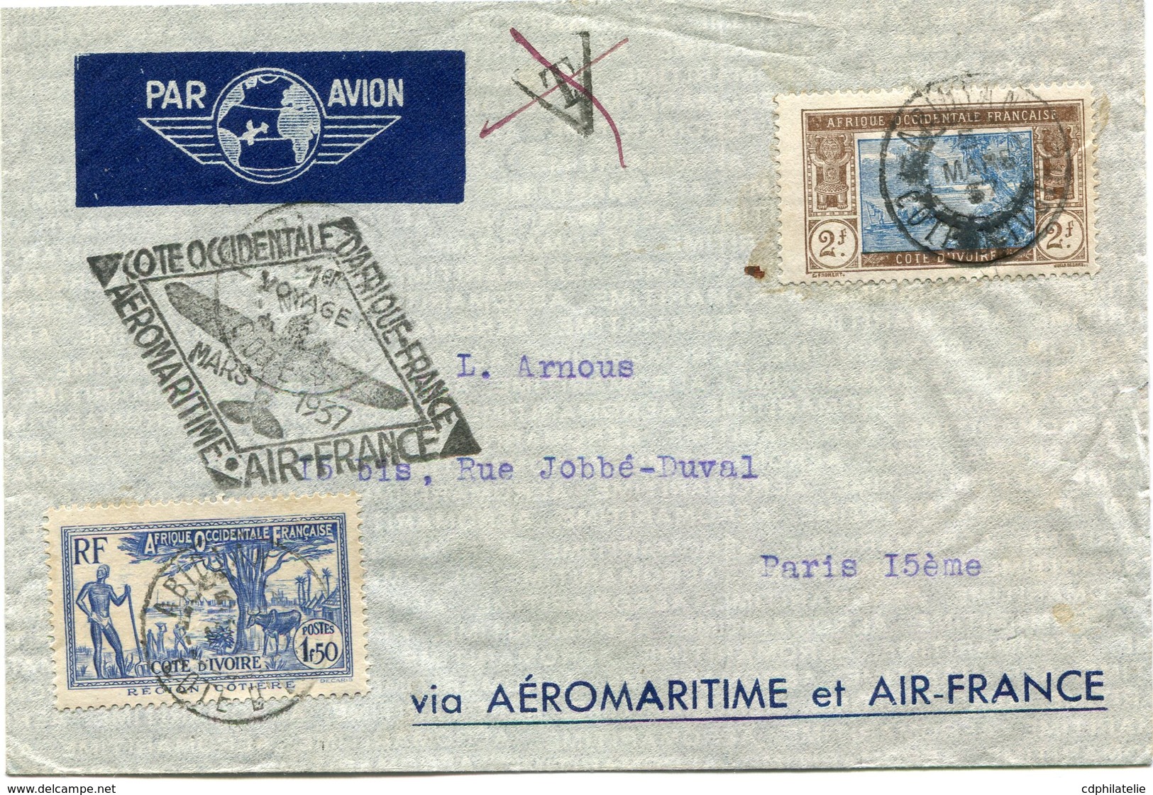 COTE D'IVOIRE LETTRE PAR AVION DEPART ABIDJAN 5 MARS 37 COTE D'IVOIRE POUR LA FRANCE - Briefe U. Dokumente