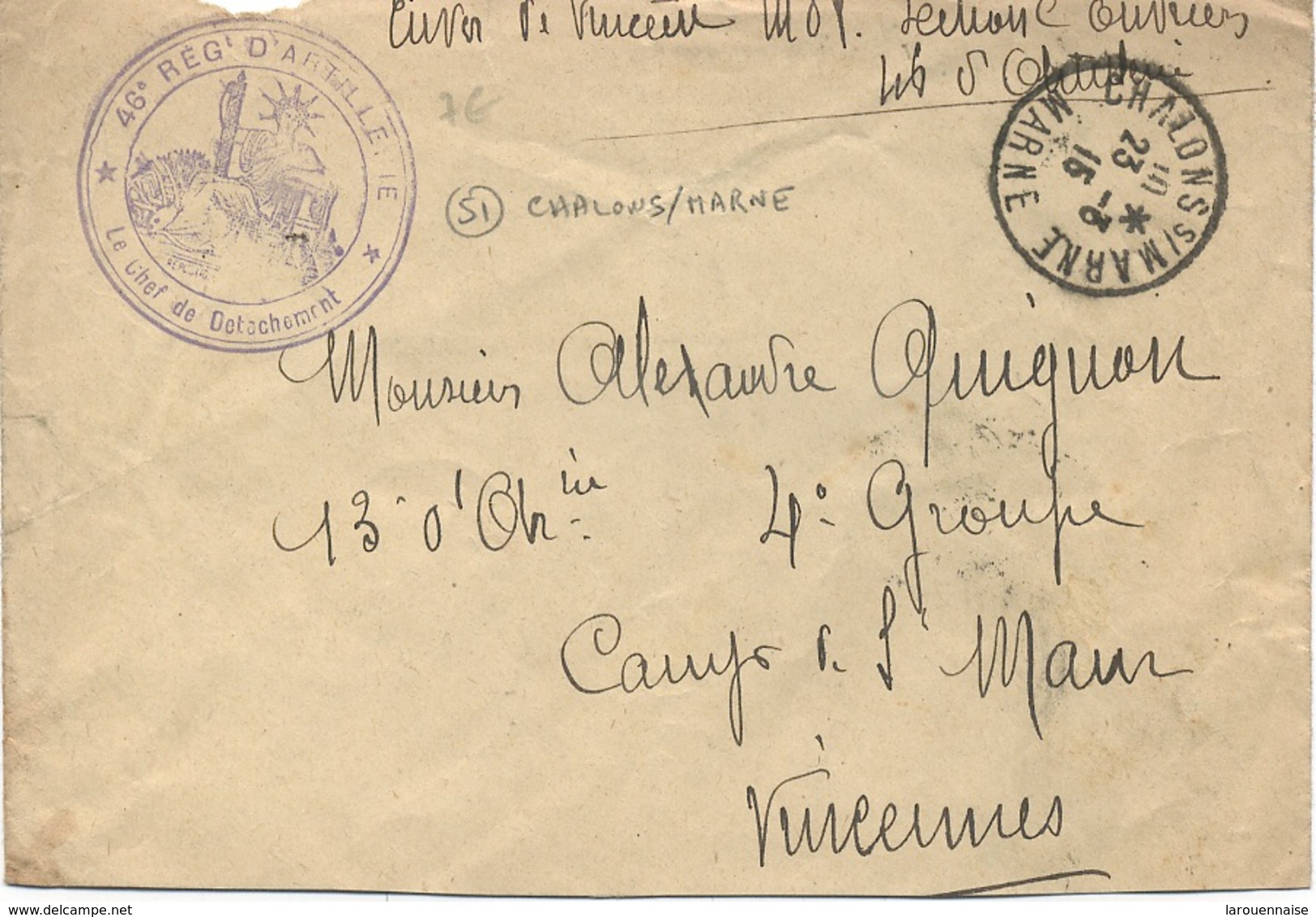 Cachet Militaire :51 CHALON  Sur MARNE - Guerre De 1914-18