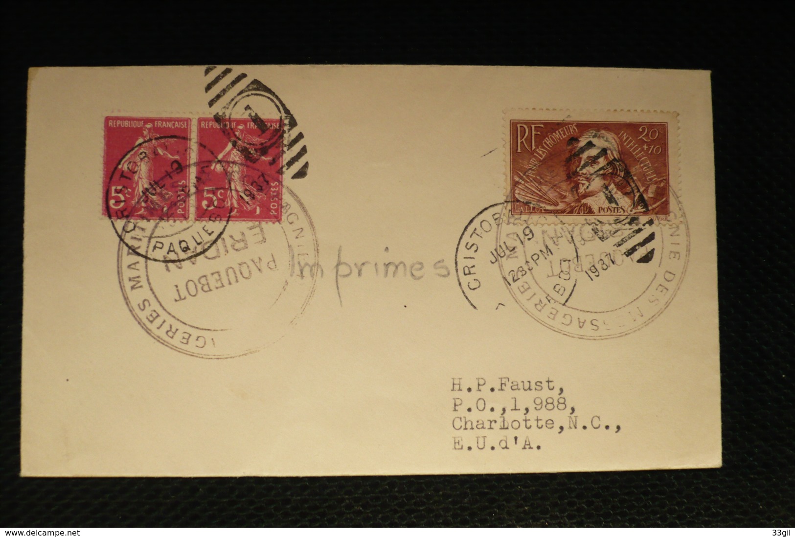 Lettre Paquebot ERIDAN Messageries Maritimes Cachet Cristobal Panama 19/07/1937 Vers USA - Poste Maritime