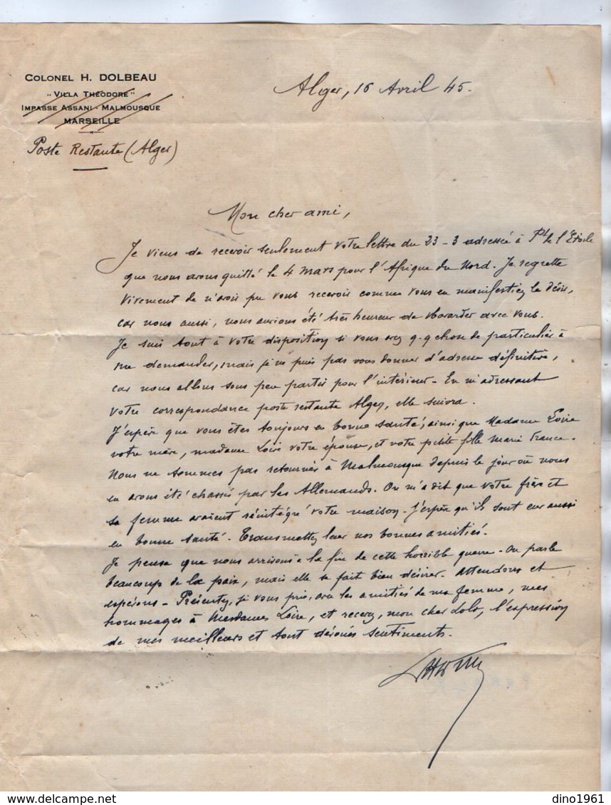 VP17.070 - MILITARIA - Guerre 39 / 45 - Lettre De Mr Le Colonel H. DOLBEAU à ALGER ( Algérie ) - Documents