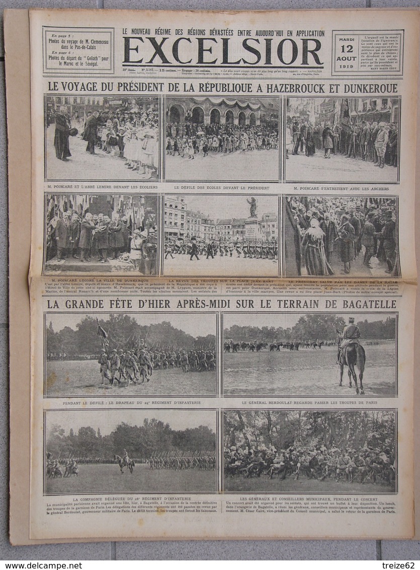 Journal EXCELSIOR 12 Août 1919 Le Président à HAZEBROUCK Et DUNKERQUE CLEMENCEAU à LENS CARVIN BETHUNE OIGNIES - 1914-18