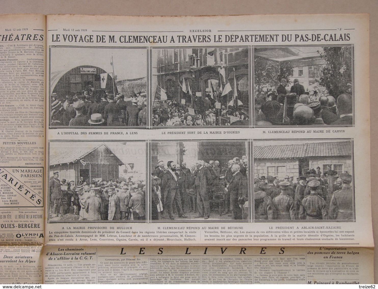 Journal EXCELSIOR 12 Août 1919 Le Président à HAZEBROUCK Et DUNKERQUE CLEMENCEAU à LENS CARVIN BETHUNE OIGNIES - 1914-18