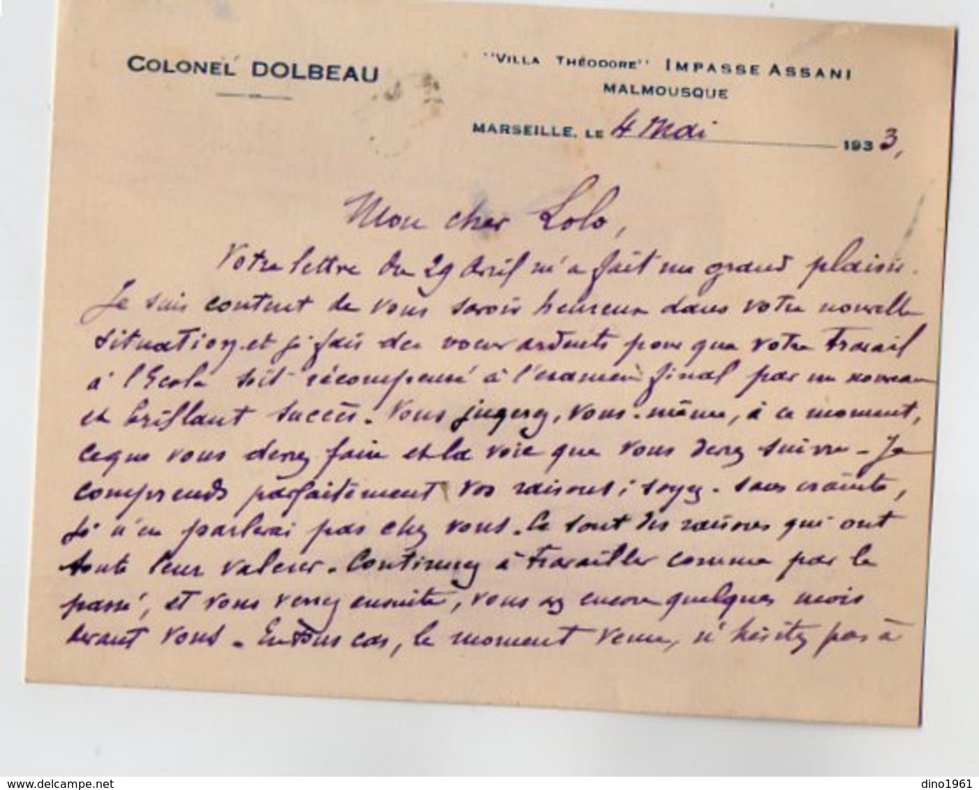 VP17.071 - MILITARIA - Carte - Lettre De Mr Le Colonel H. DOLBEAU à MARSEILLE - Documenten
