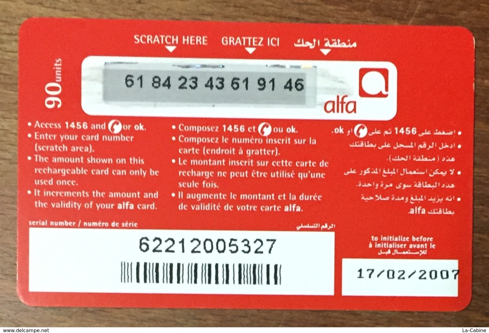 LIBAN ALFA RECHARGE GSM 90U EXP 17/02/2007 PHONECARD PAS TELECARTE CARTE TÉLÉPHONIQUE PRÉPAYÉE - Libano