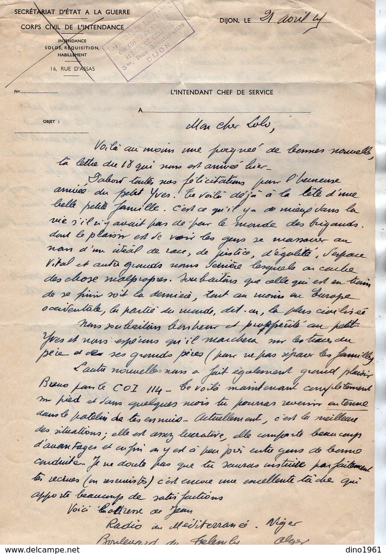 VP17.072  MILITARIA - Guerre 39 / 45 - Lettre De G.BERTRAND Intendant Militaire / Intendance Des Corps De Troupe à DIJON - Dokumente