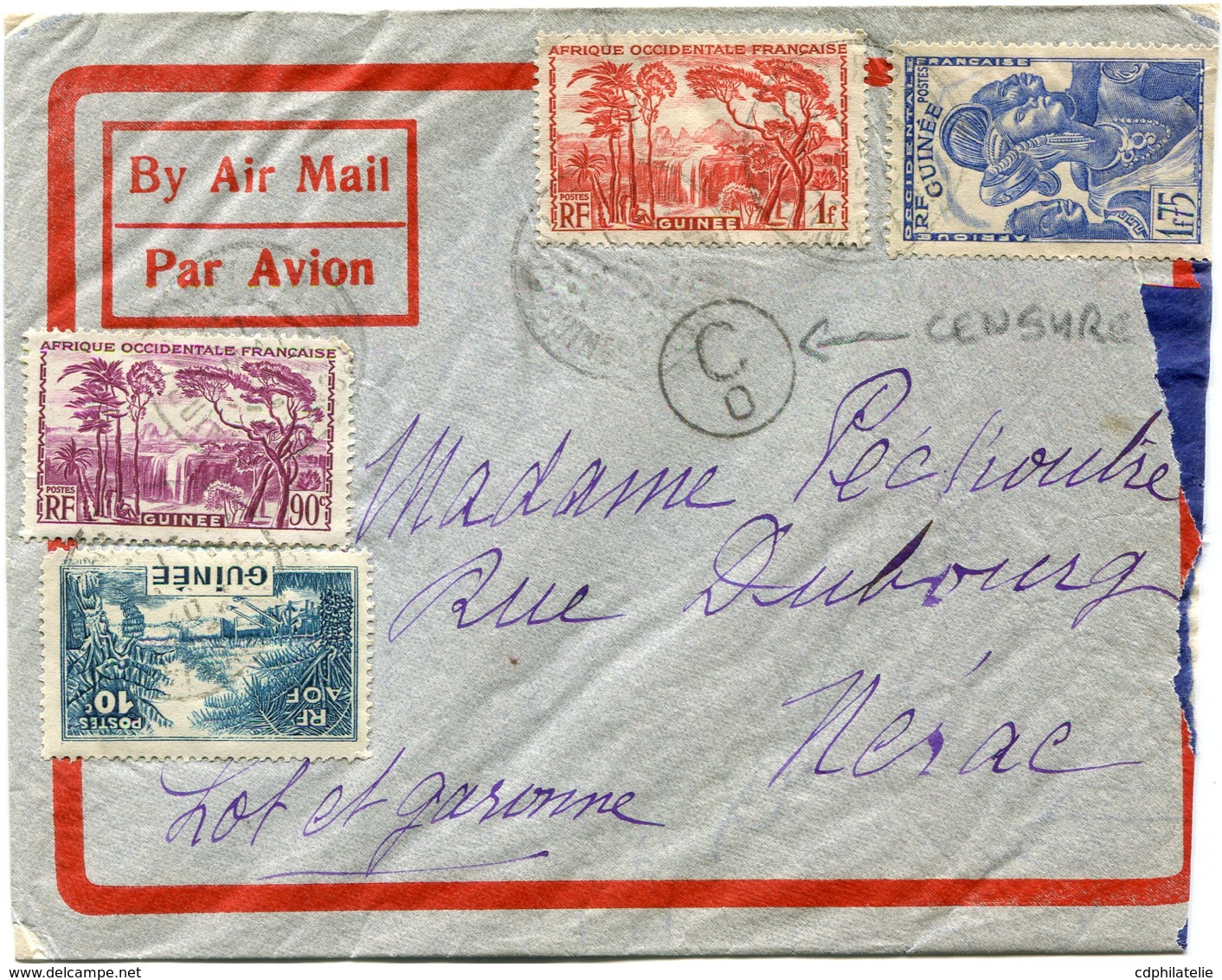 GUINEE FRANCAISE LETTRE PAR AVION CENSUREE DEPART CONAKRY ?-?-? GUINEE FRANCAISE POUR LA FRANCE - Lettres & Documents