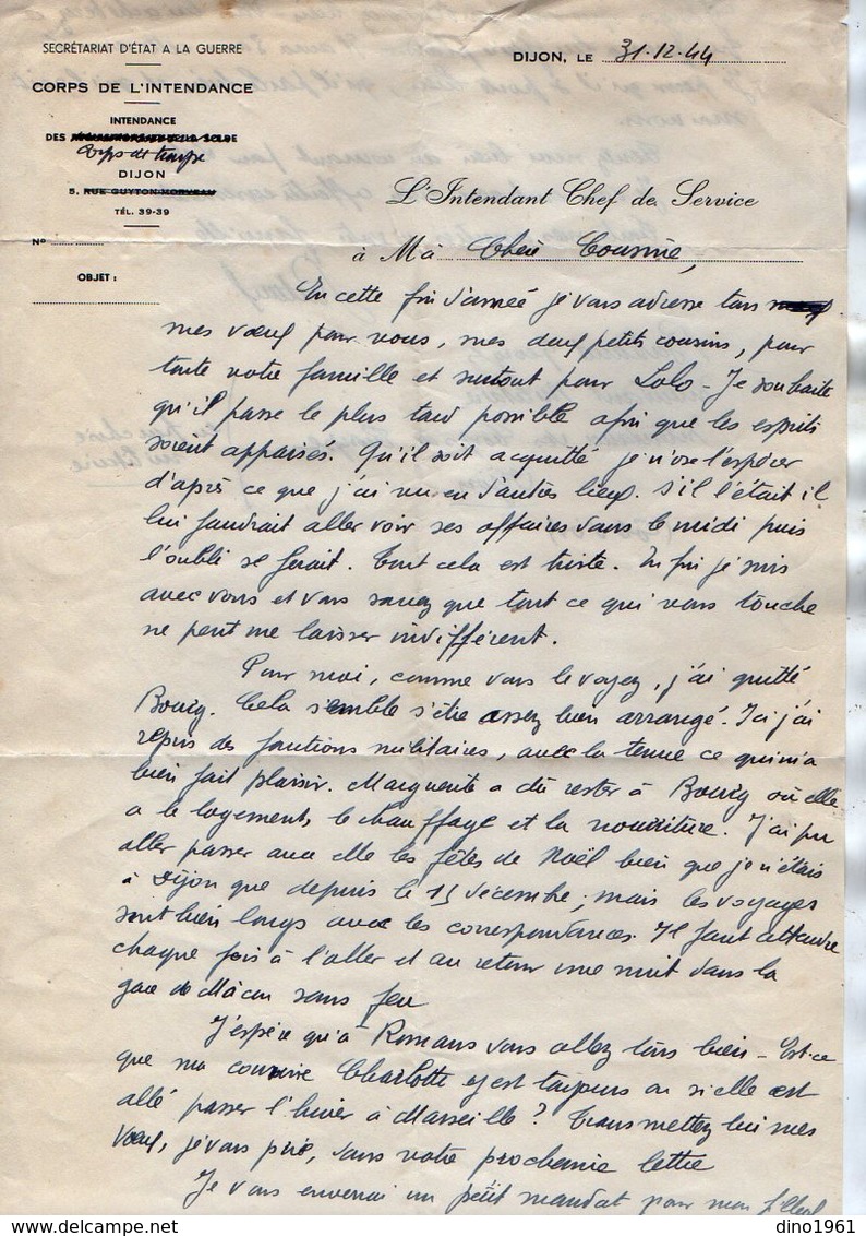 VP17.073  MILITARIA - Guerre 39 / 45 - Lettre De G.BERTRAND Intendant Militaire / Intendance Des Corps De Troupe à DIJON - Documentos