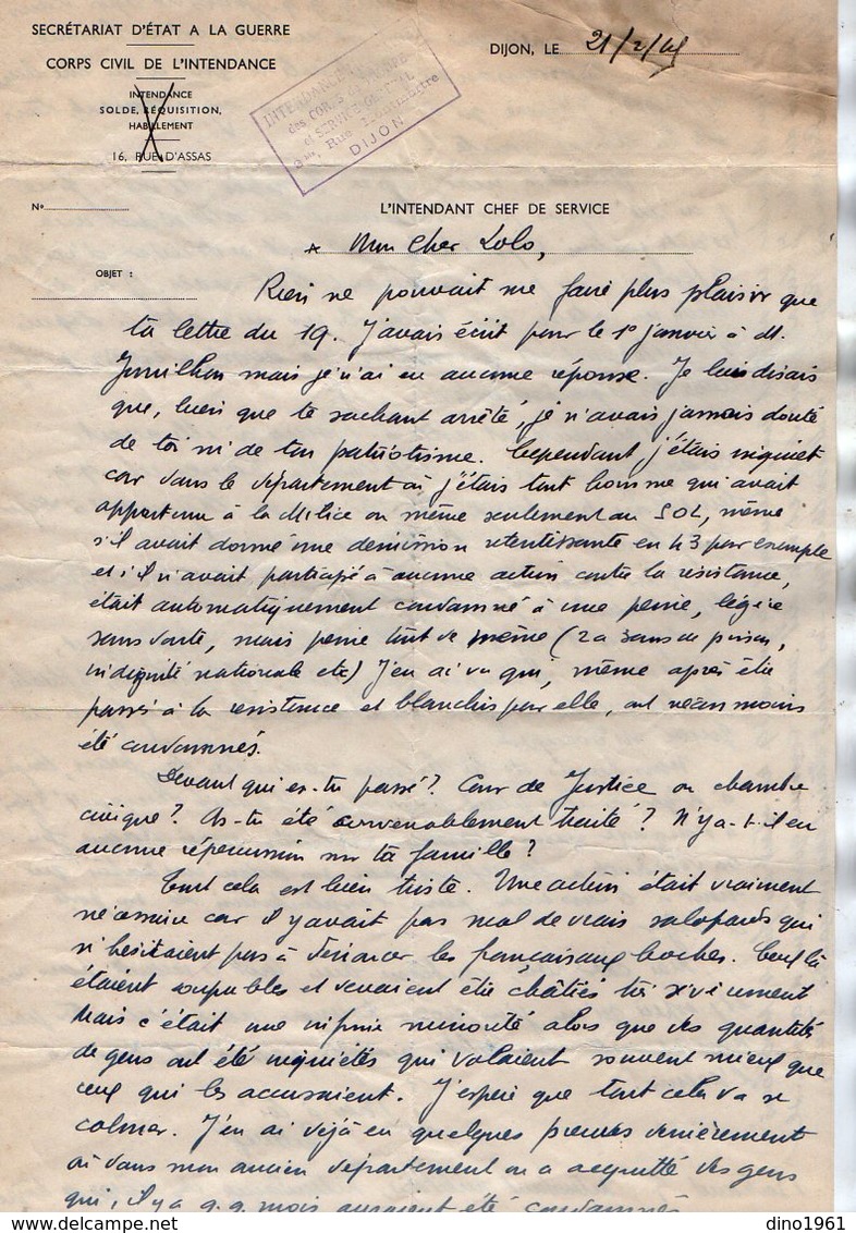 VP17.074  MILITARIA - Guerre 39 / 45 - Lettre De G.BERTRAND Intendant Militaire / Intendance Des Corps De Troupe à DIJON - Documentos