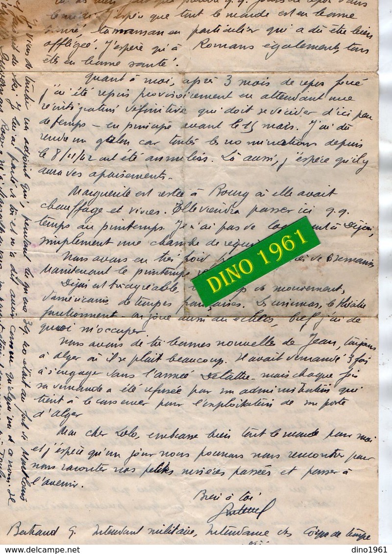 VP17.074  MILITARIA - Guerre 39 / 45 - Lettre De G.BERTRAND Intendant Militaire / Intendance Des Corps De Troupe à DIJON - Documentos