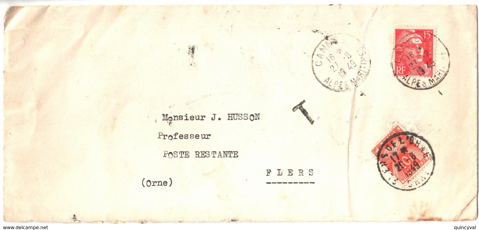 CANNES Lettre Dos Entête POLONIA Gandon 15 F Yv 813 Dest FLERS Orne Poste Restante Taxe 10F Gerbe T86 Ob 1949 - 1859-1959 Covers & Documents