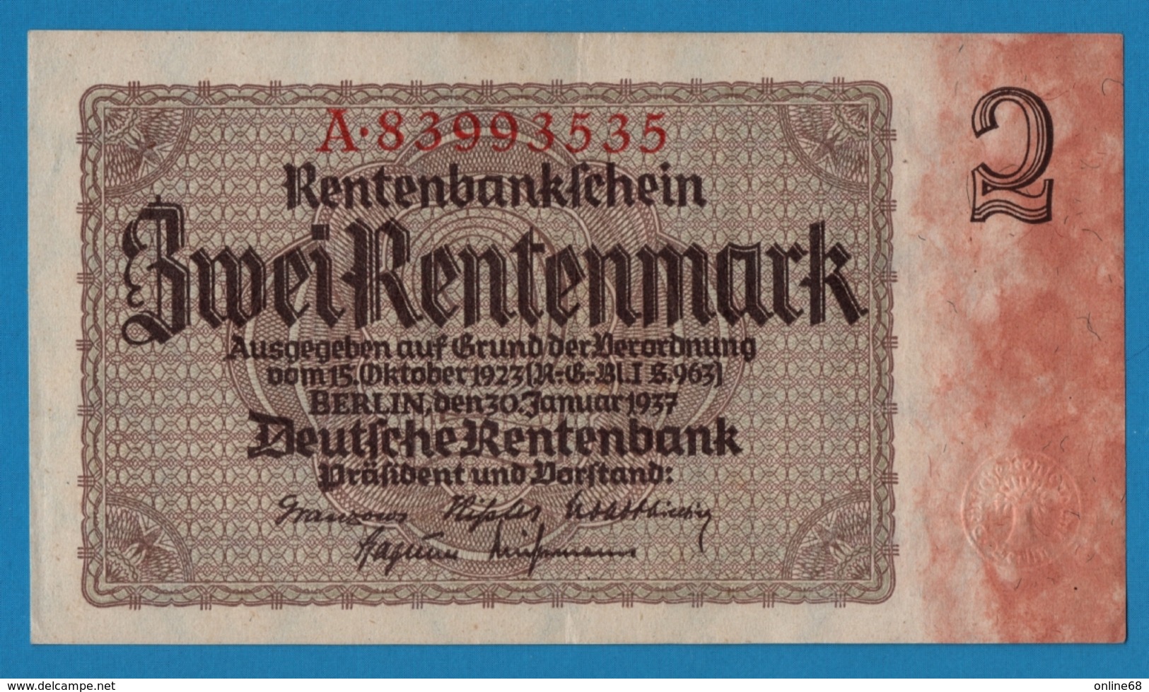 DEUTSCHES REICH 2 Rentenmark  	30.01.1937	# A.89993535 P# 174b	8 Digit Serial # - Sonstige & Ohne Zuordnung