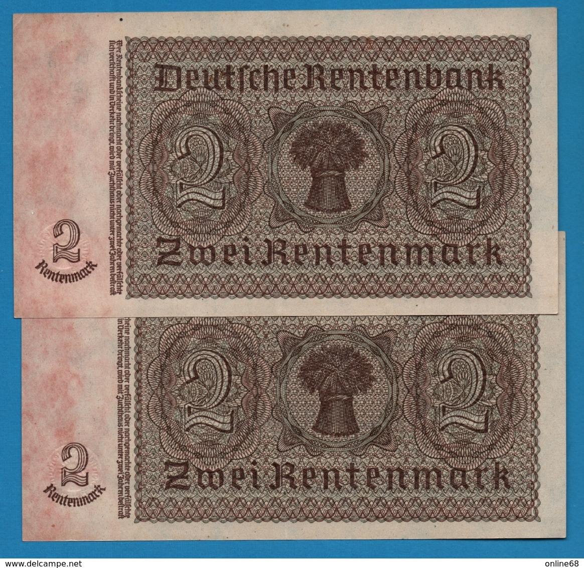 DEUTSCHES REICH 2 X 2 Rentenmark  	30.01.1937 # A.89993533+34 P# 174b	No Consécutifs - Sonstige & Ohne Zuordnung