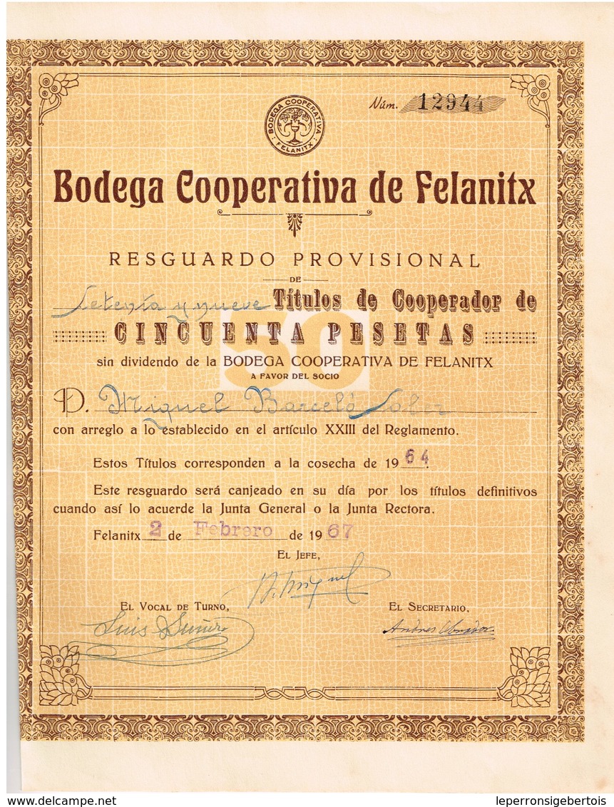 Titre Ancien  - Bodega Cooperativa De Felnitx  - Titulo De 1967 - Tourisme